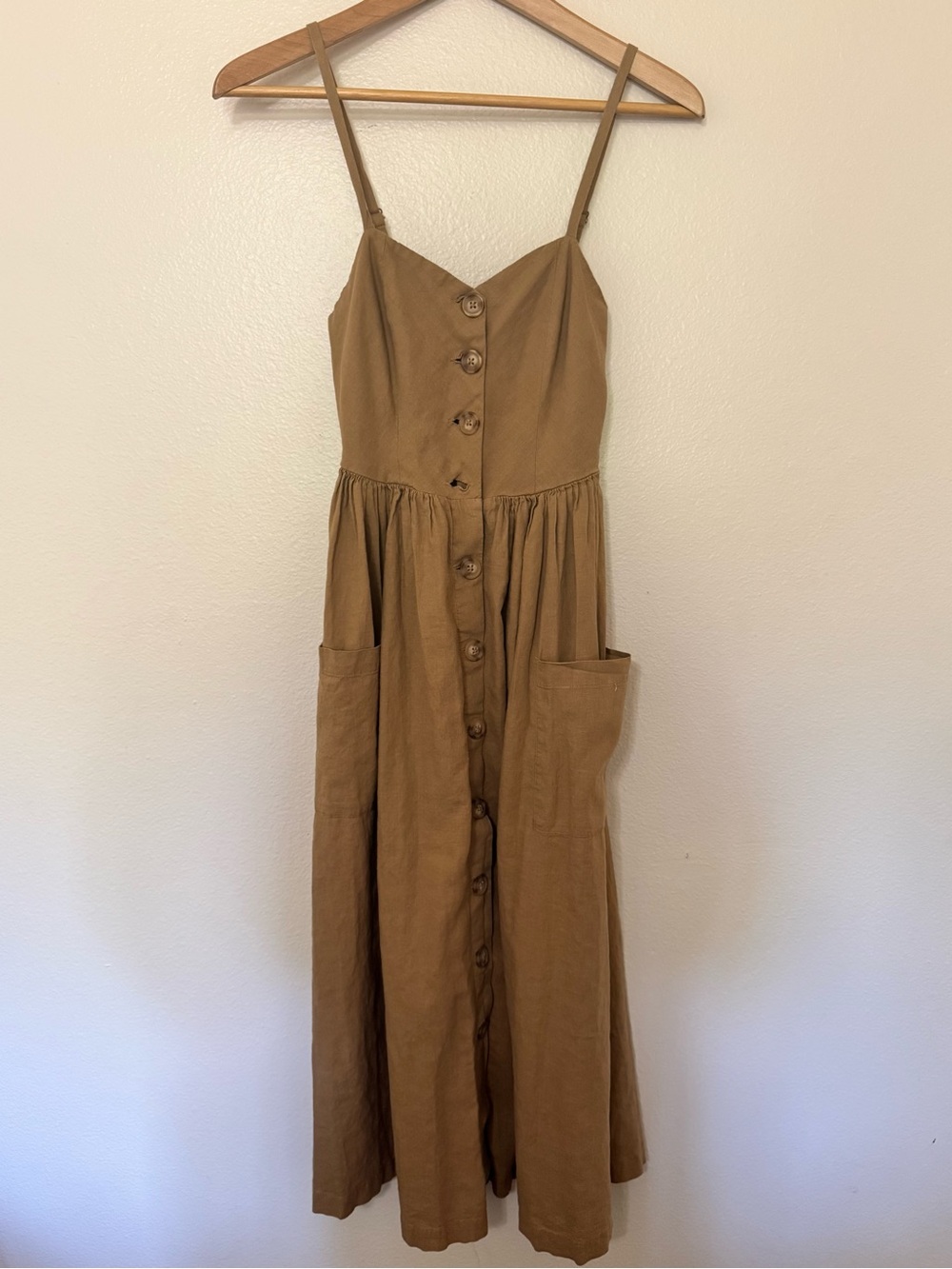 Urban Outfitters Emilia Linen Blend Button Front Midi Dress XS Brown Pockets
